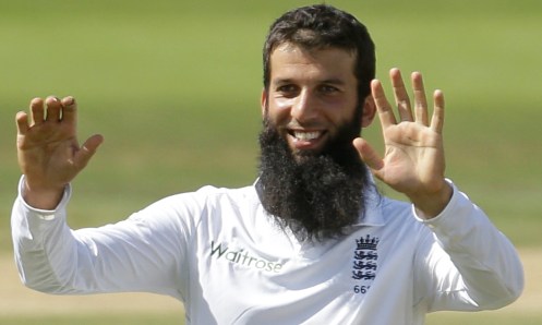 England's Moeen Ali celebrates after taking the wicket of India's Rohit Sharma at the Ageas Bowl